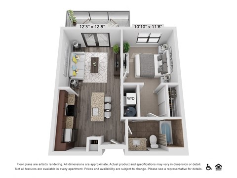 Floor plan for 1 bed, 1 bath, 595 sqft